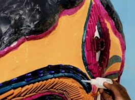 Goddess Durga sculpture from 13,000 recycled plastic pens